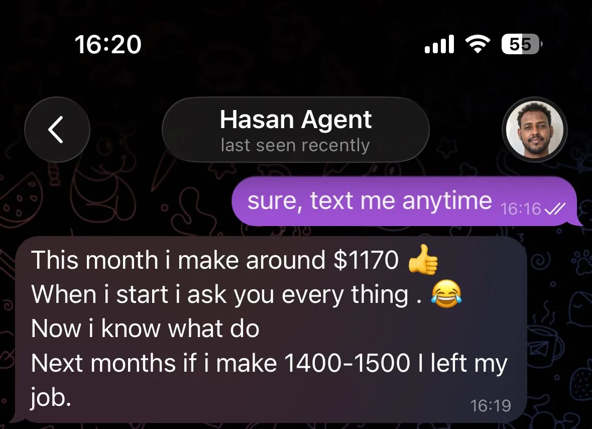 Screenshot of a chat with agent Hasan